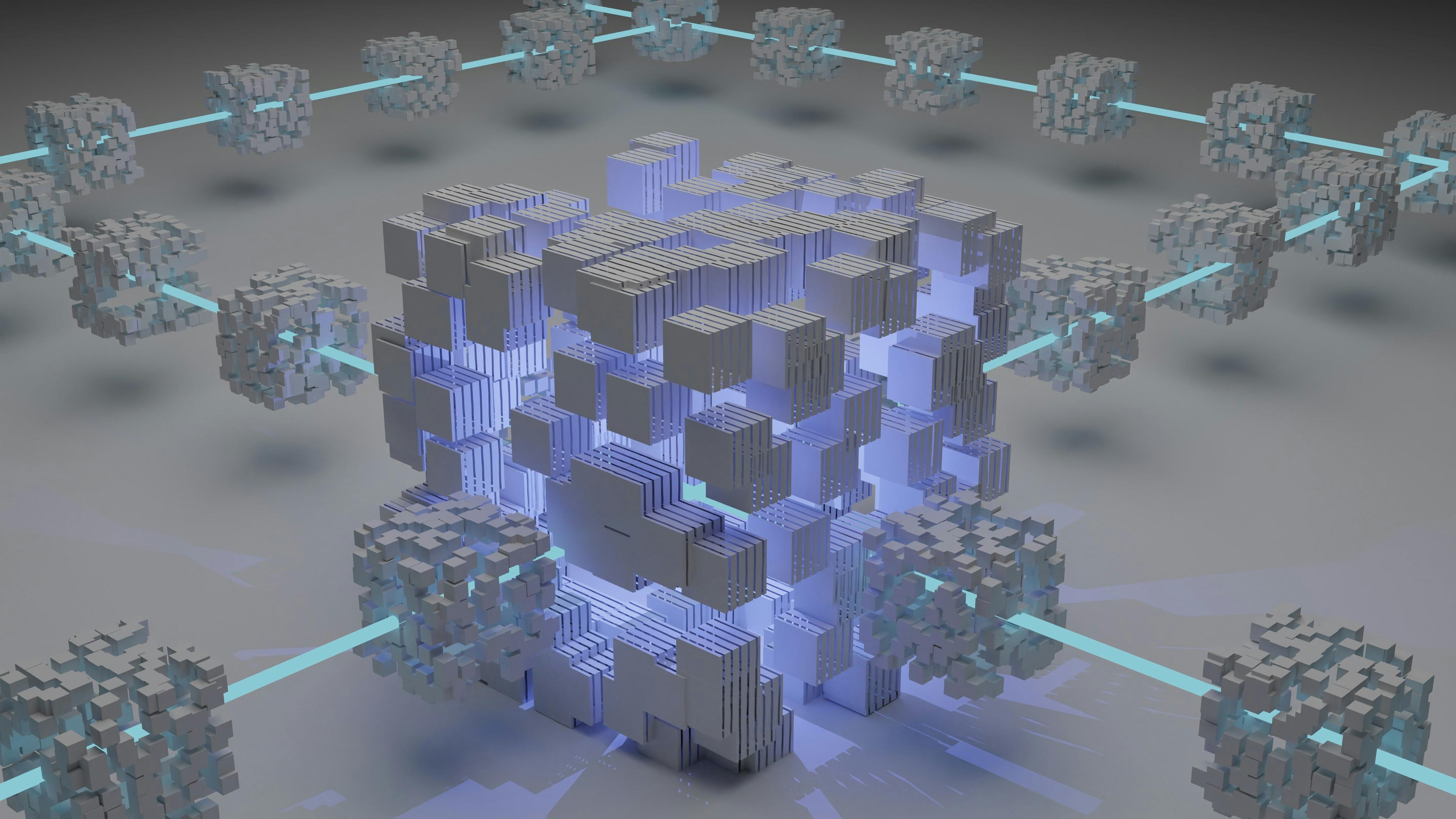 Network of connected data blocks representing AI agents transacting across an agentic commerce protocol